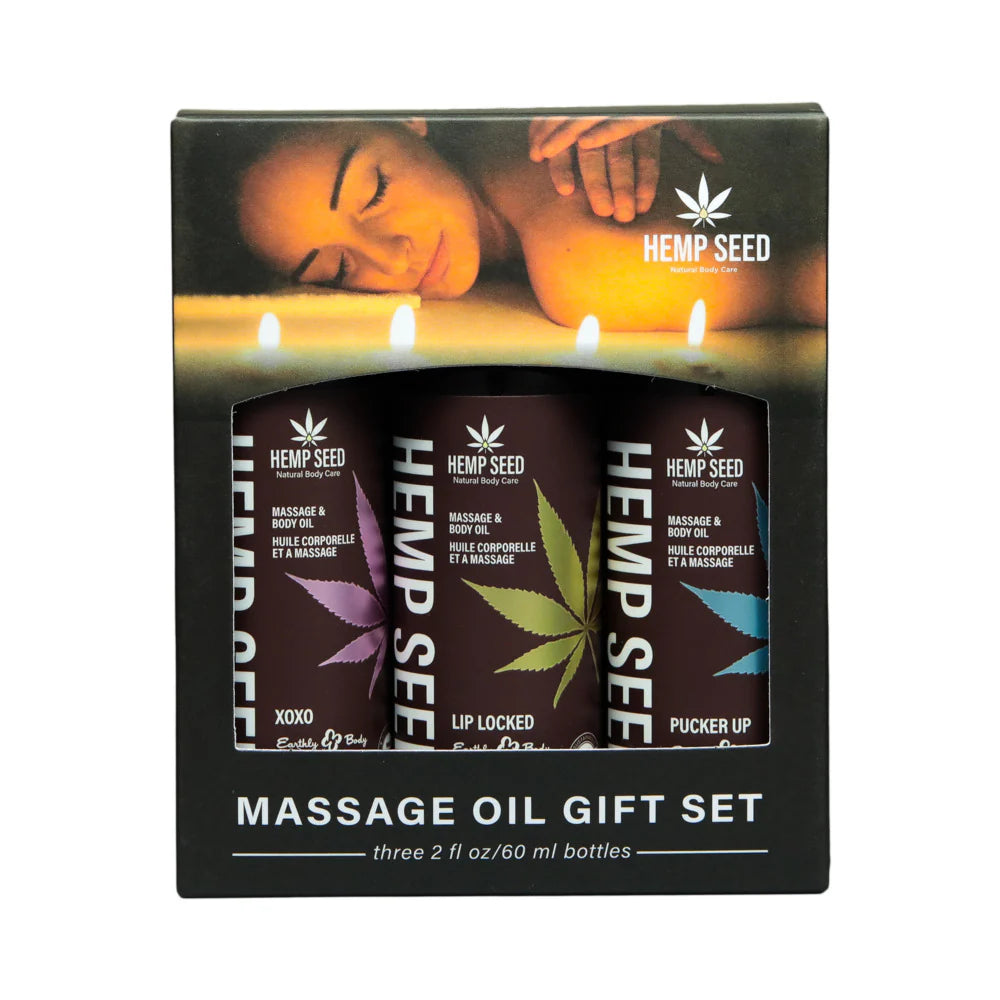 Earthly Body Hemp Seed Valentine Massage Oil Trio Gift Set: XOXO, Lip Locked, Pucker Up