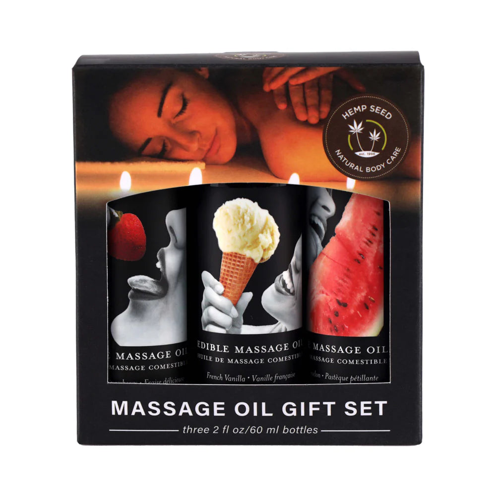 Earthly Body Hemp Seed Edible Massage Oil 3-Piece Gift Set: 2 oz Edible Massage Oil,(Strawberry, Watermelon, Vanilla)
